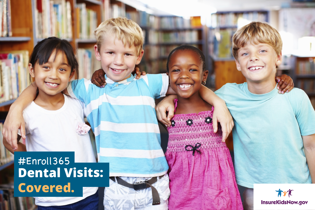 Two boys and two girls with their arms over each others shoulder with the logo for Enroll 365 on the bottom.