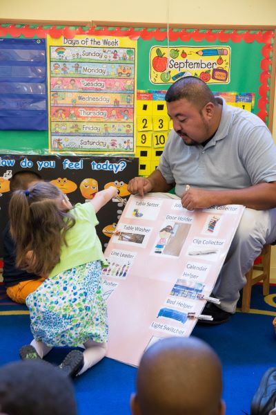 A child points to a large poster that a man is holding up.