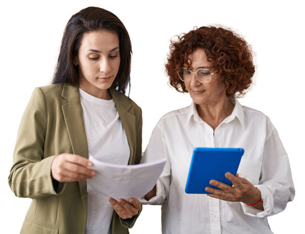 Two women looking at a tablet device.