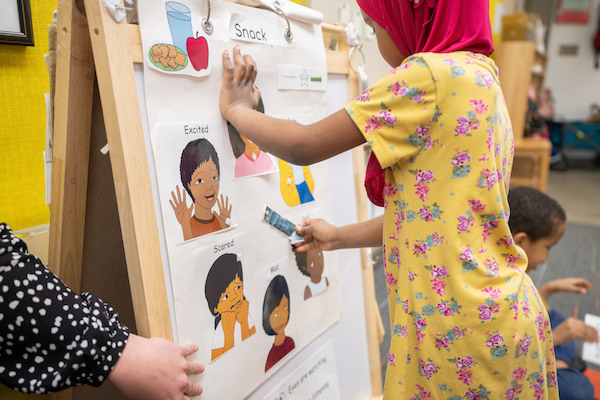 child looking to visual supports on a whiteboard.