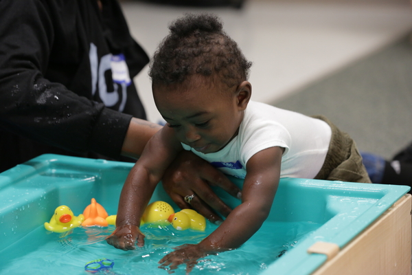 Young boy playing with a tubfull of rubber duckies.