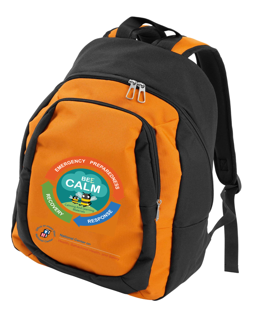 Vista completa de la mochila Bee CALM con logotipo.