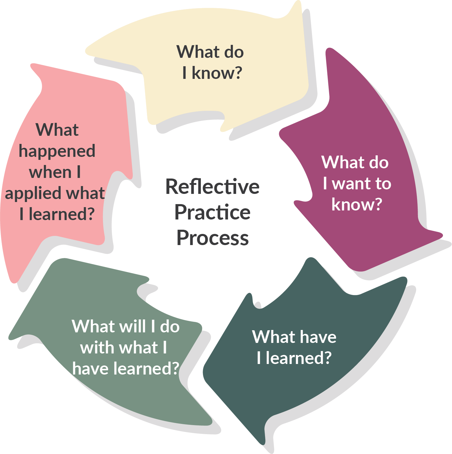 The Reflective Practice Process follows the steps: What do I know? What do I want to know? What have I learned? What will I do with what I have learned? What happened when I applied what I learned?