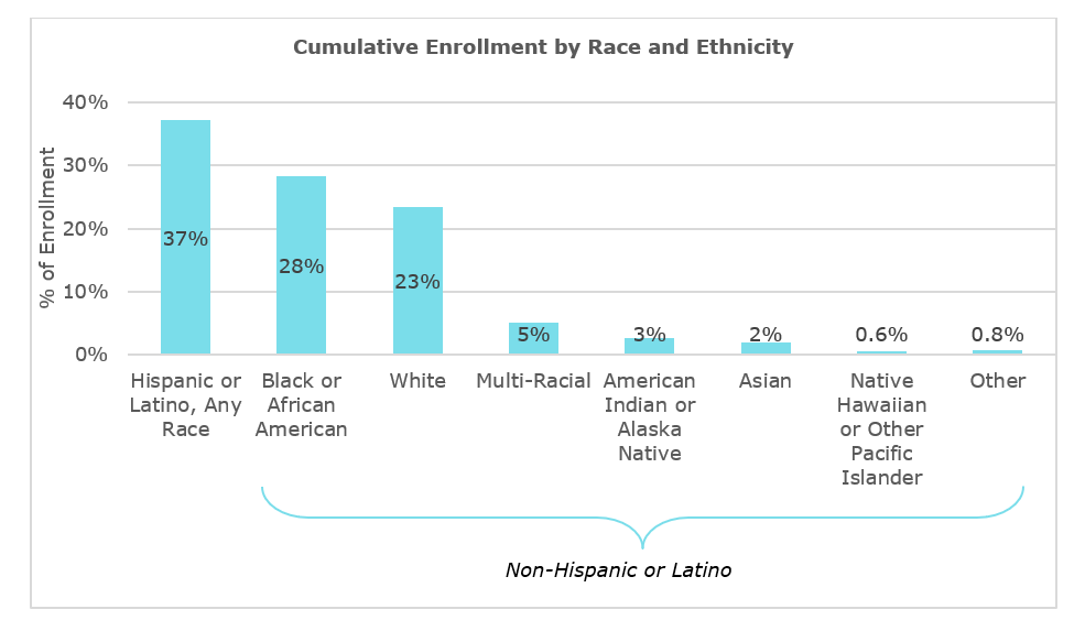 Cummulative Enrollment by Race and Ethnicity. Hispanic 37%; Black 28%; White 23%; Multi-racial 5%; AIAN 3%; Asian 2%; Pacific Islander 0.6%;  Other 0.8%.