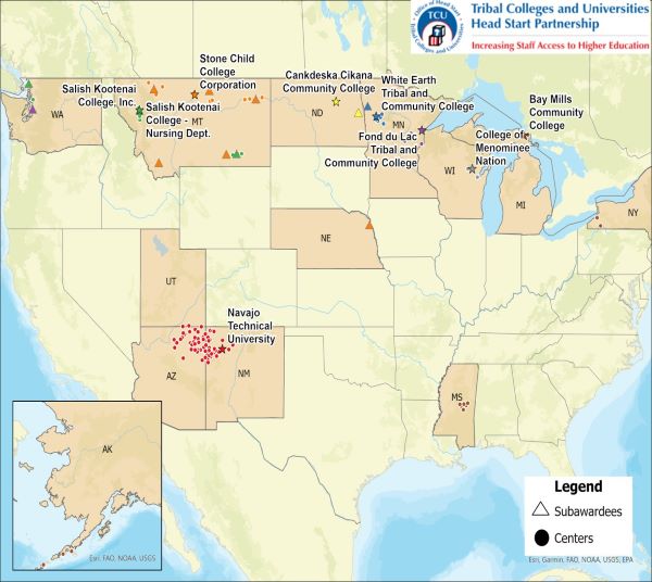 US map showing locations of tribal colleges.