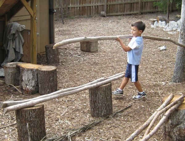 Niño cargando una rama de árbol.