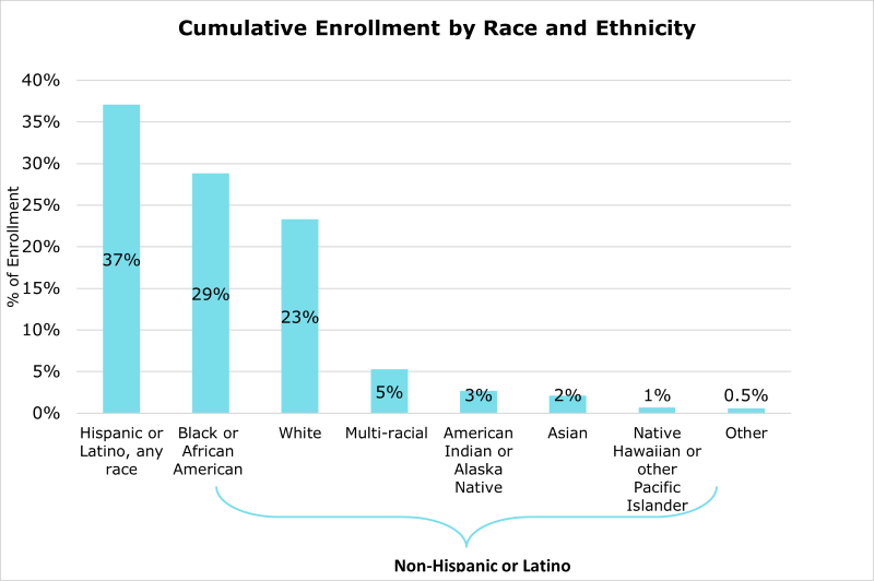 Cumulative enrollment by race and ethnicity. Hispanic or Latino any race is 37 percent. Black or African American is 29 percent. White is 23 percent. Multi-racial is 5 percent. AIAN is 3 percent. Asian is 2 percent. Native Hawaiian or other Pacific islander is 1 percent and Other is 0.5 percent.