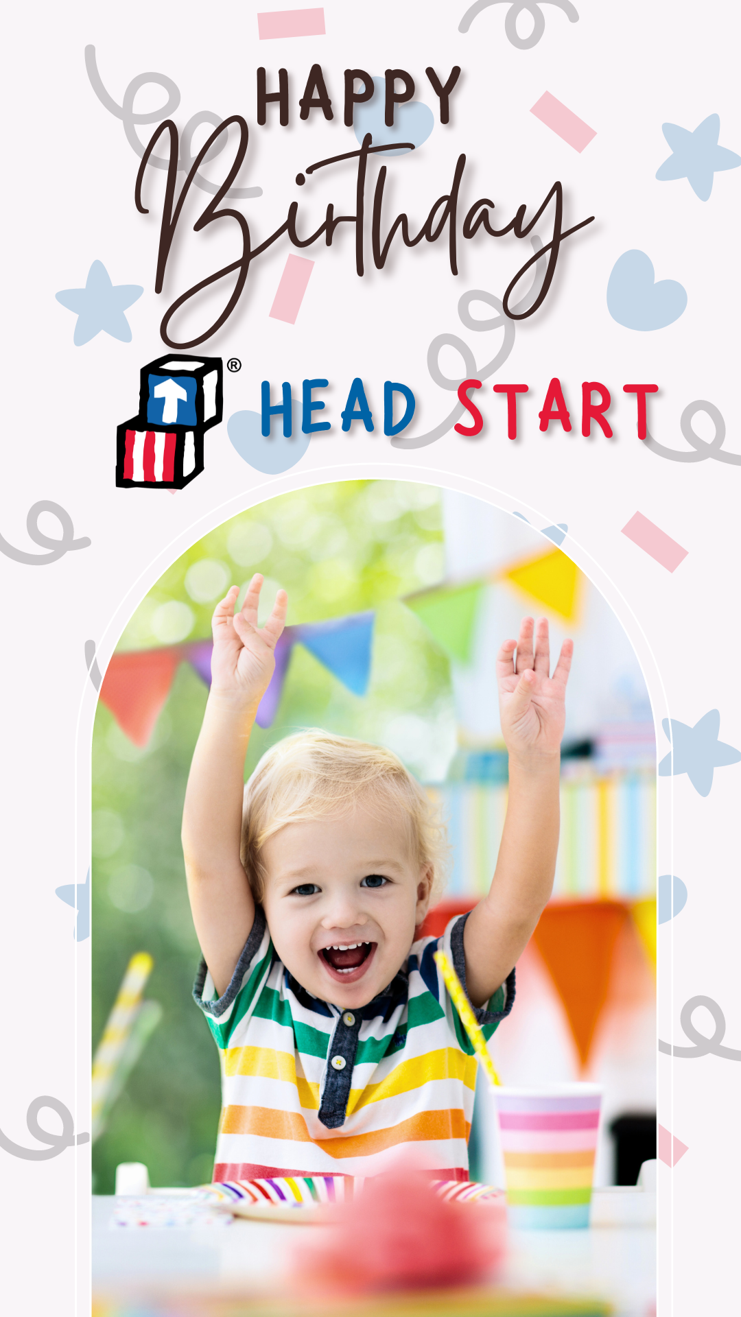 A happy child raising arms in the air: happy birthday Head Start!