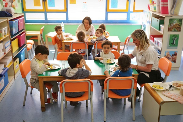 Group of children having a meal in the classroom.