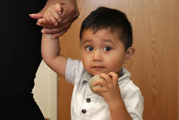 adulto sostiene la mano de un niño mientras caminan