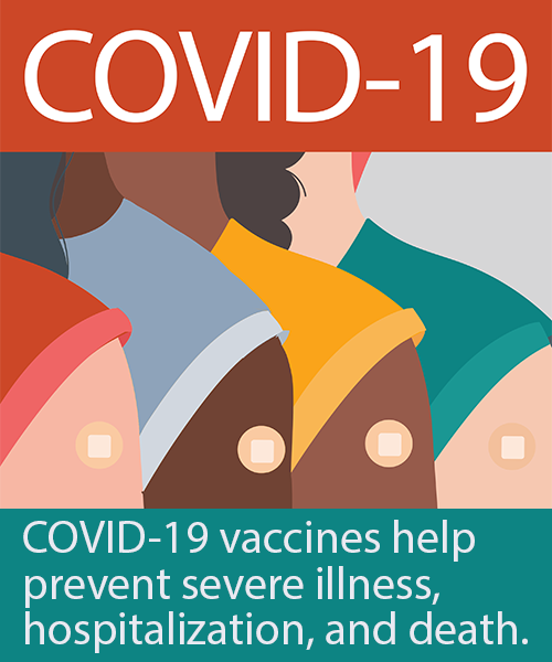 Various COVID-19 posters letting us know that COVID-19 is evolving and the need to get vaccinated.