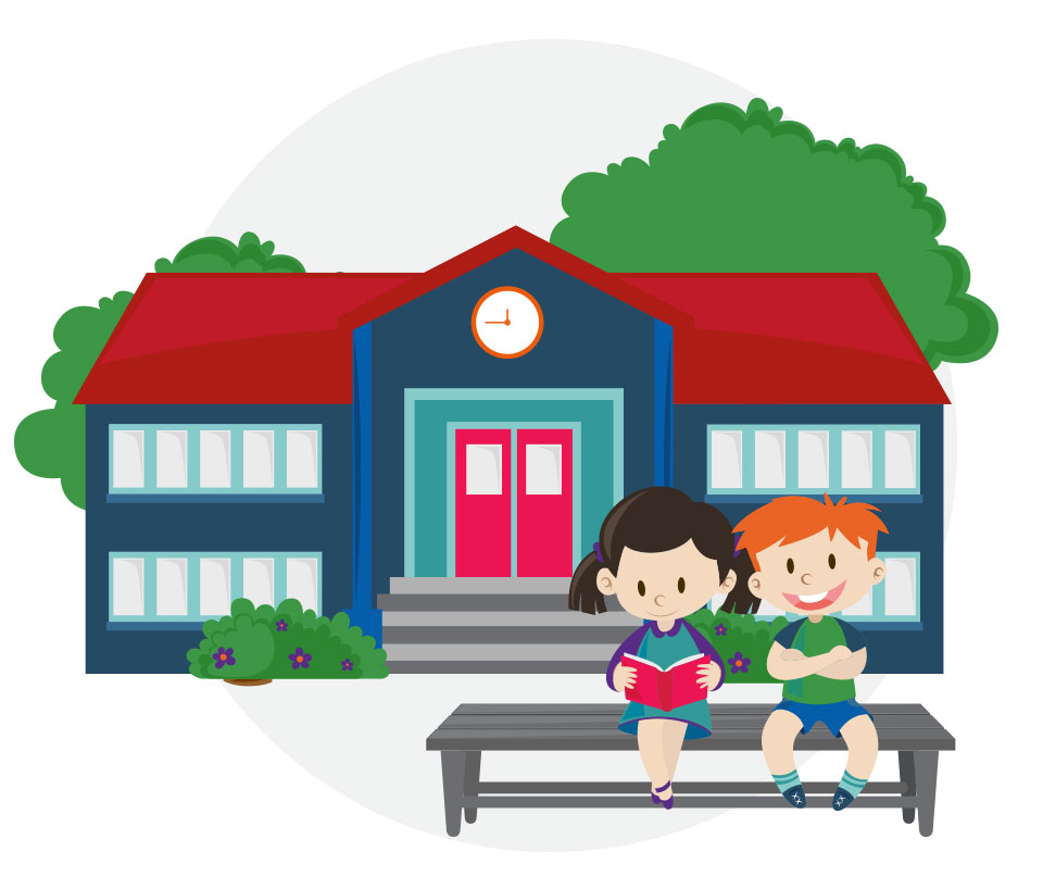 Graphic art of two children sitting on bench in front of schoolhouse