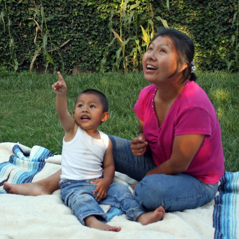 Child sitting in the grass pointing up to the sky.