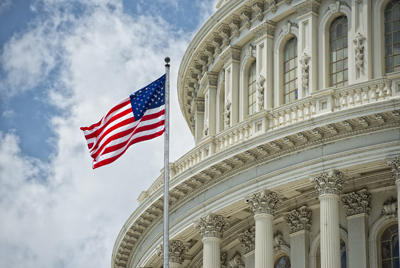 U.S. Capitol with American flag in foreground